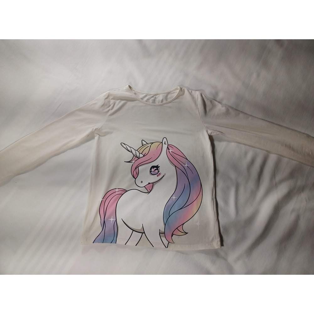 H&M Shirt Girls 6-8Y 122/128 White Long Sleeve Unicorn Rainbow Graphic‎ Tee Kids
